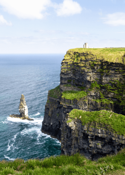 Cliffs with grass and ocean in background