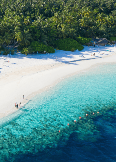 Aerial view of a tropical beach with clear water.