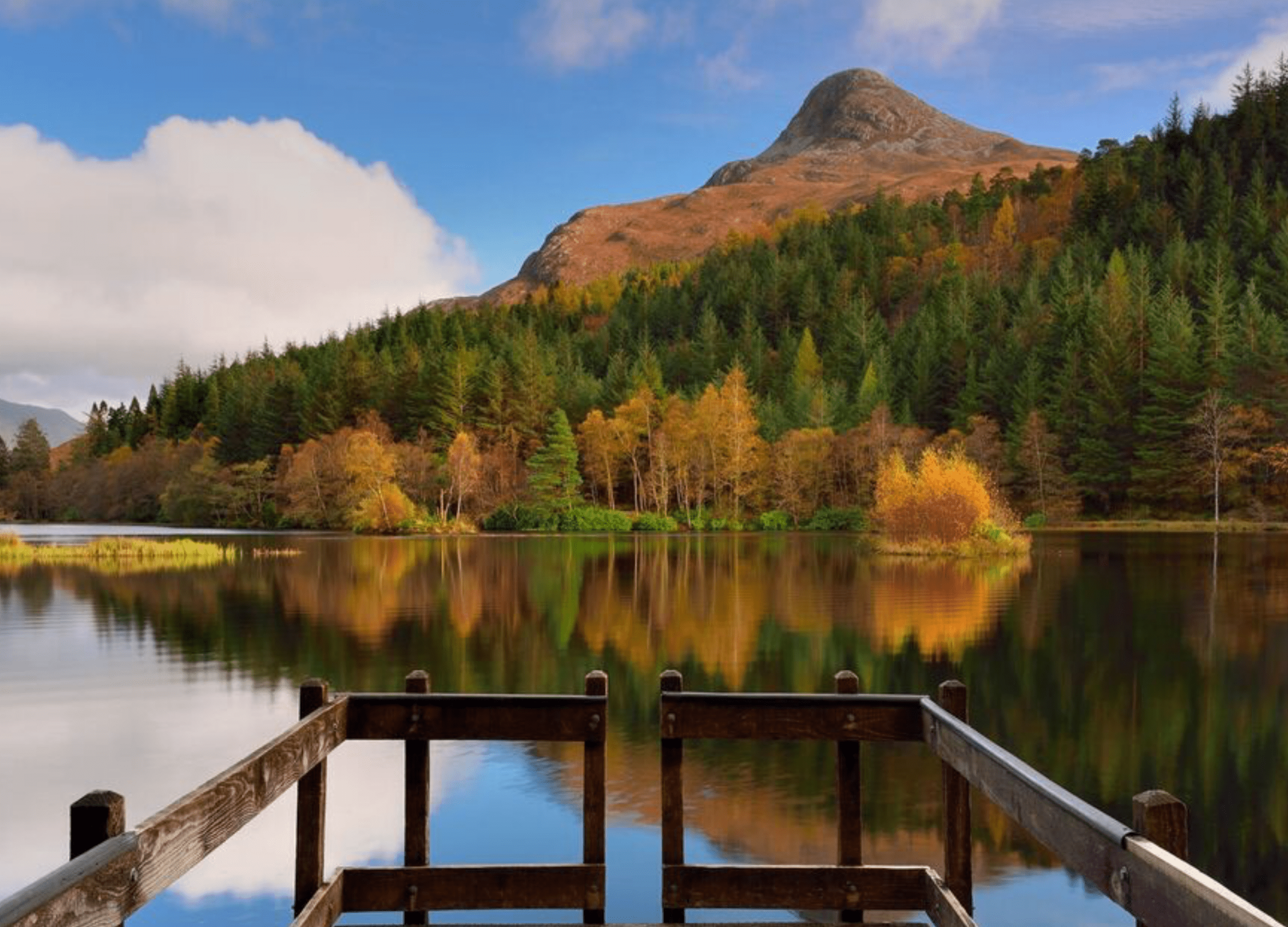 Serene lake with autumn trees and mountain view.