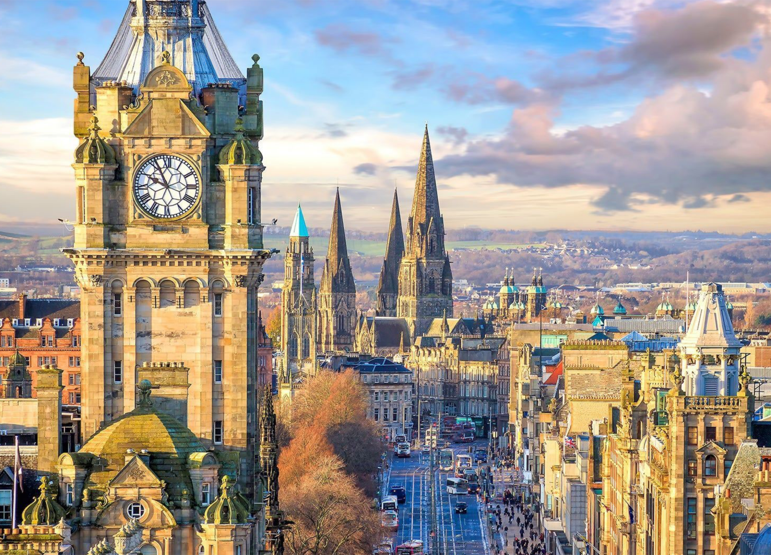 Edinburgh cityscape with historic towers and streets.