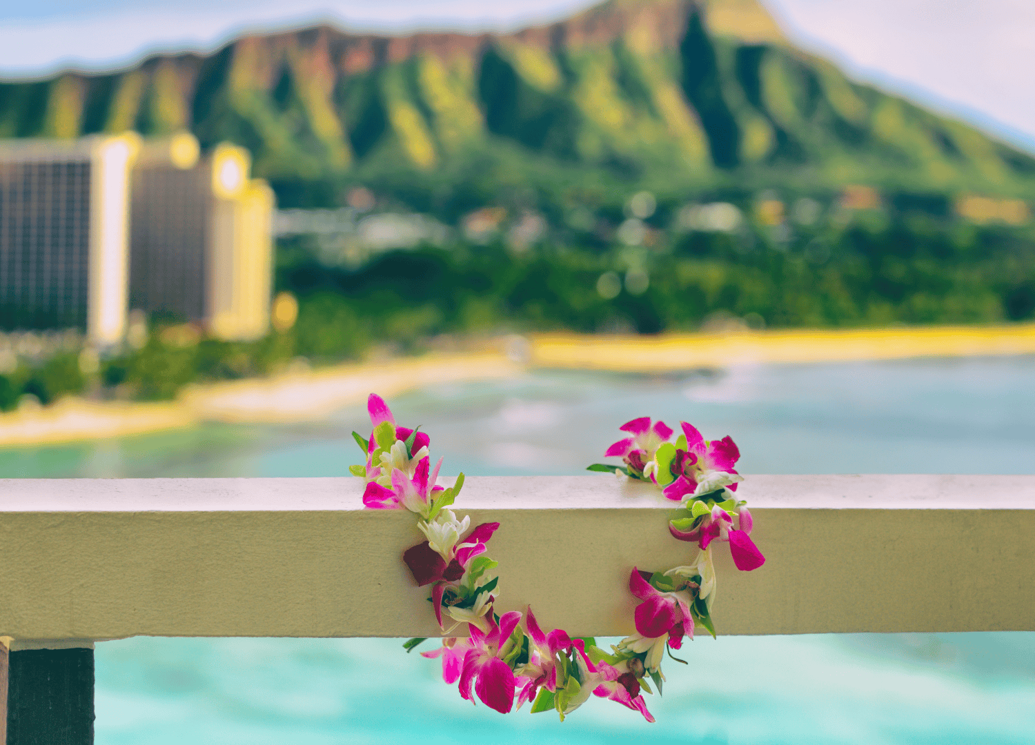 Flower lei with scenic mountain view background