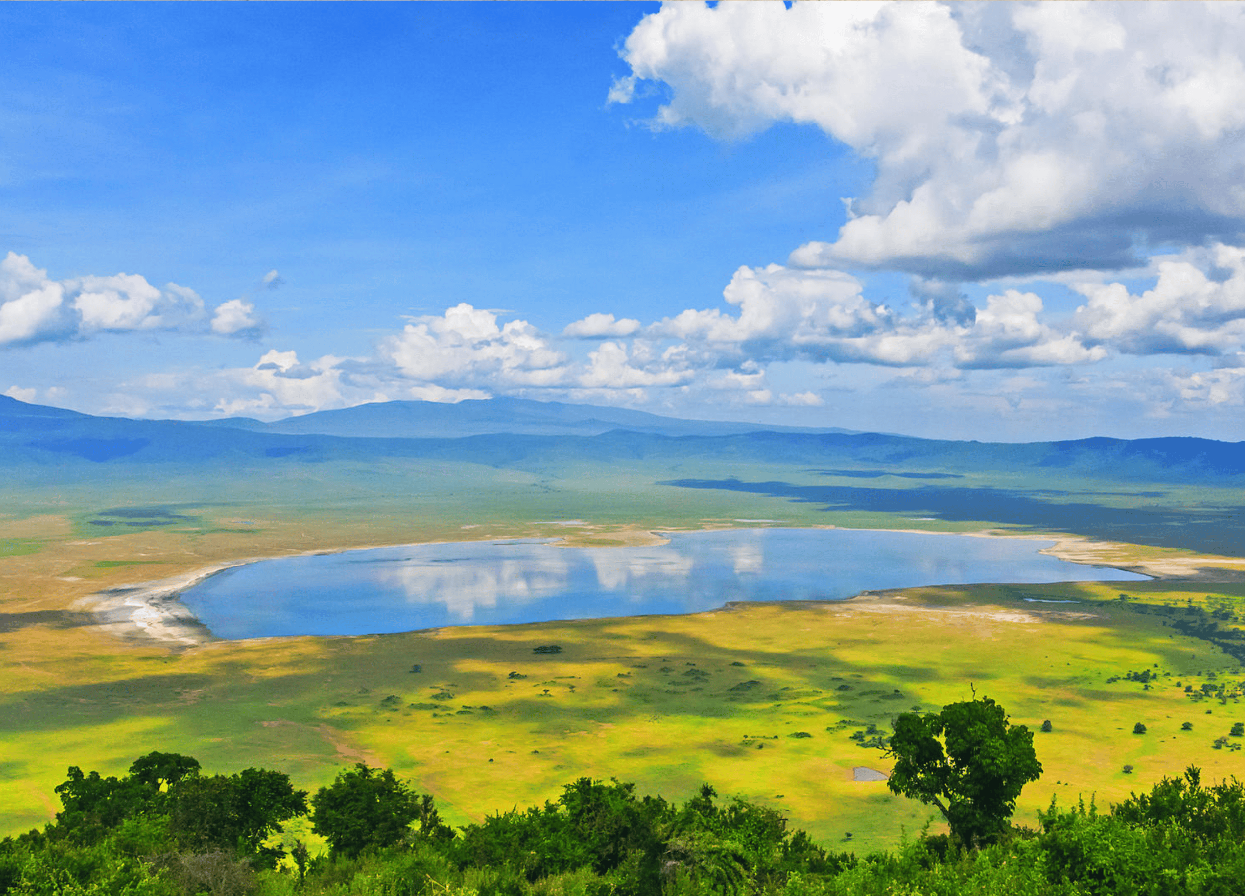 Scenic view of green landscape and lake under clouds.