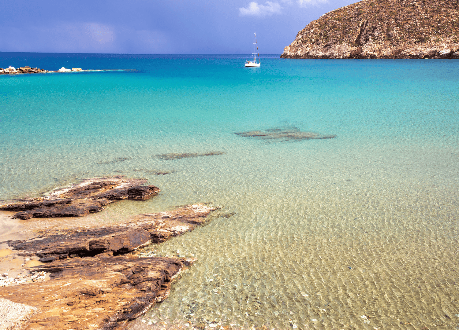 Clear turquoise beach with rocky shore and distant boat.