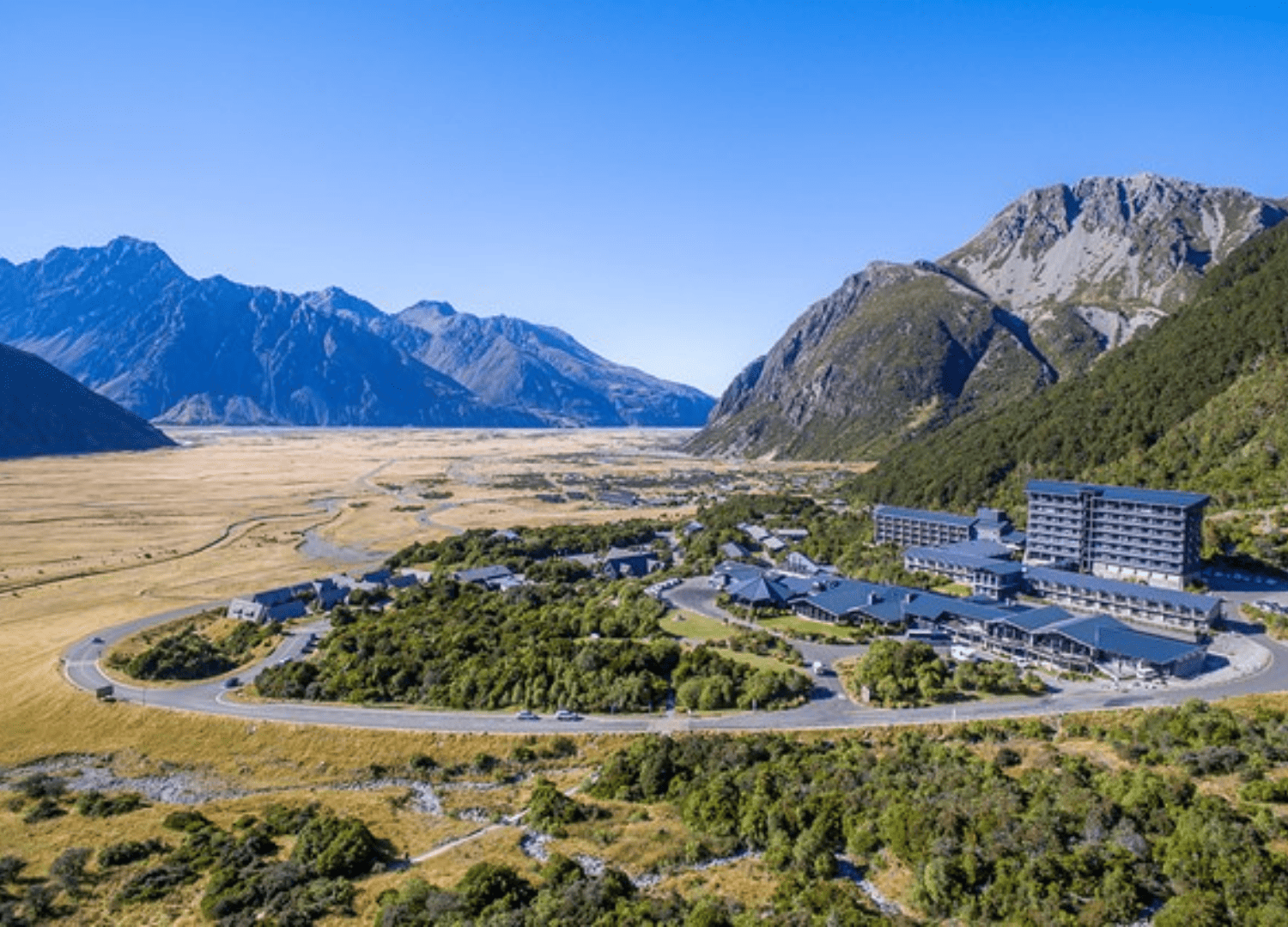 Aerial view of mountain resort and landscape.