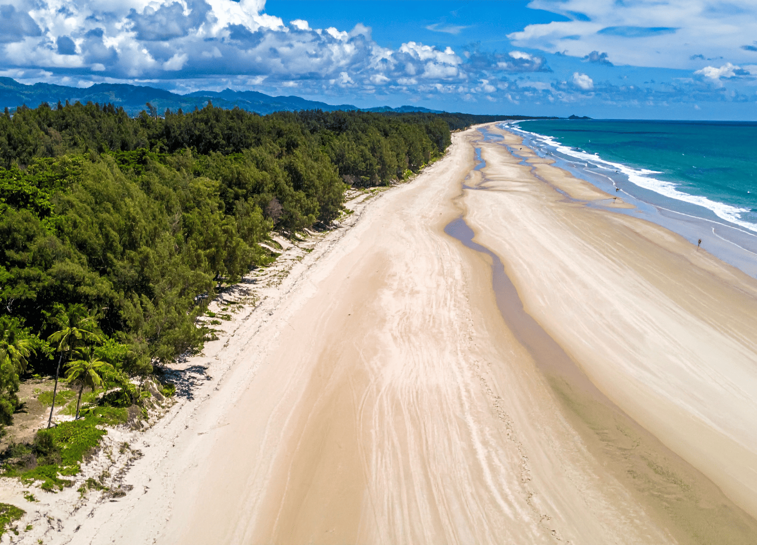 Aerial view of vast sandy beach and ocean.