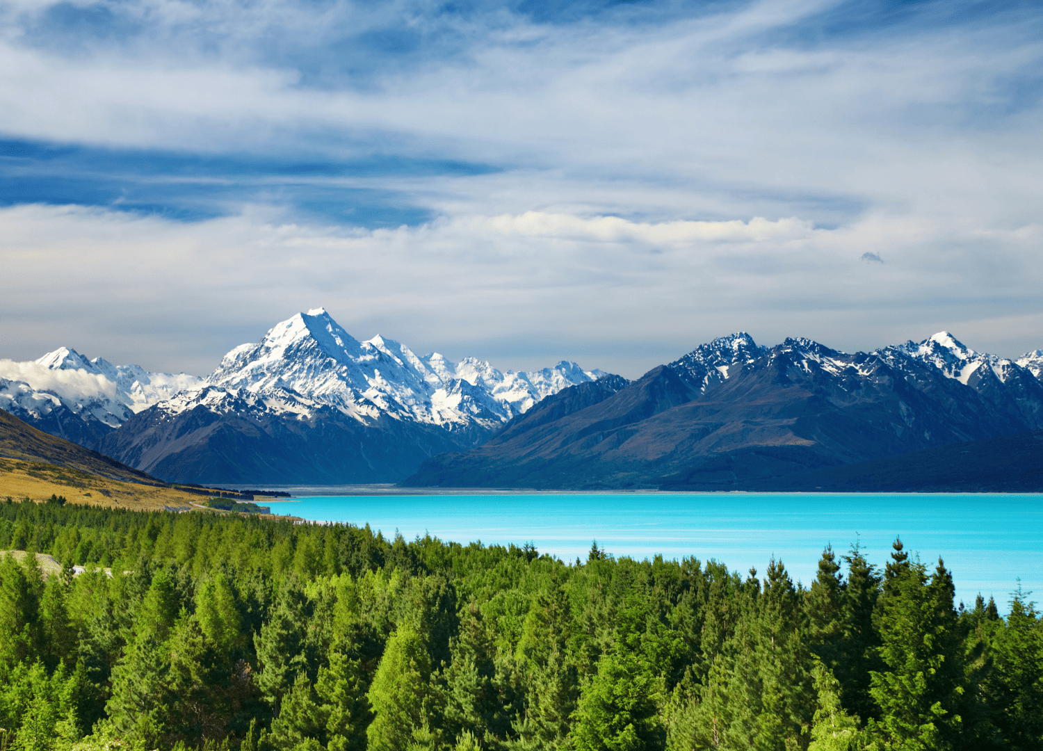 Snowy mountains with lake and pine trees landscape